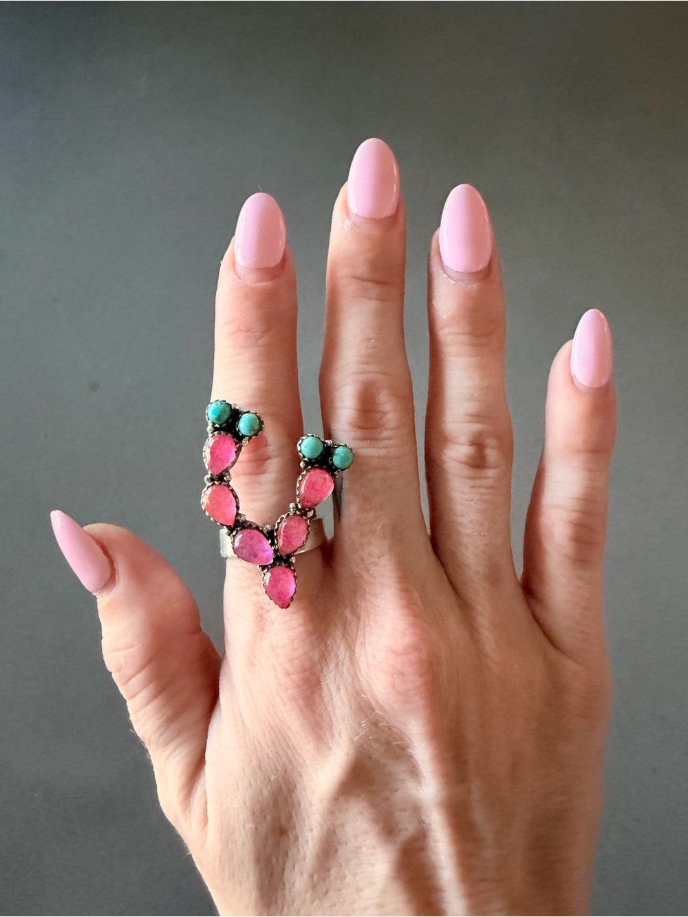 Pink Opal & Turquoise Cactus Adjustable Ring | Size 6-10.5